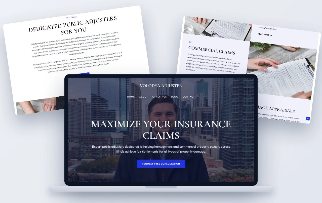 Public adjuster website design — homepage for an insurance claims adjuster in Illinois