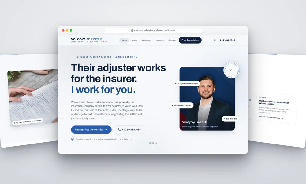 Volodya Adjuster website homepage — public adjuster website design by Lead Web Studio