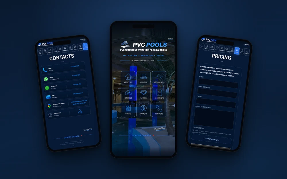 swimming pool website design — app-style screens for contacts and quote requests