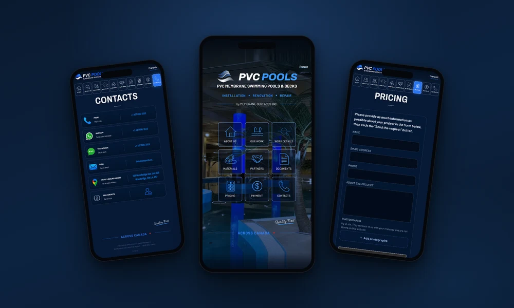 swimming pool website design — phone-app style website shown on three phones