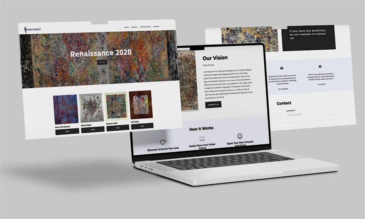 Sans Souci Art Gallery website homepage showcasing contemporary artwork