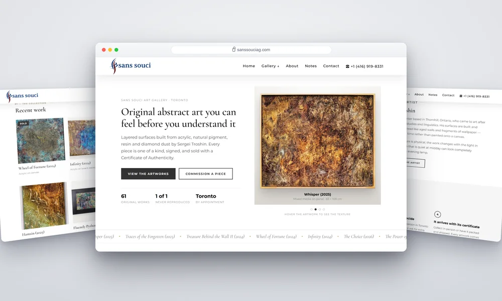 Sans Souci Art Gallery website homepage showcasing contemporary artwork