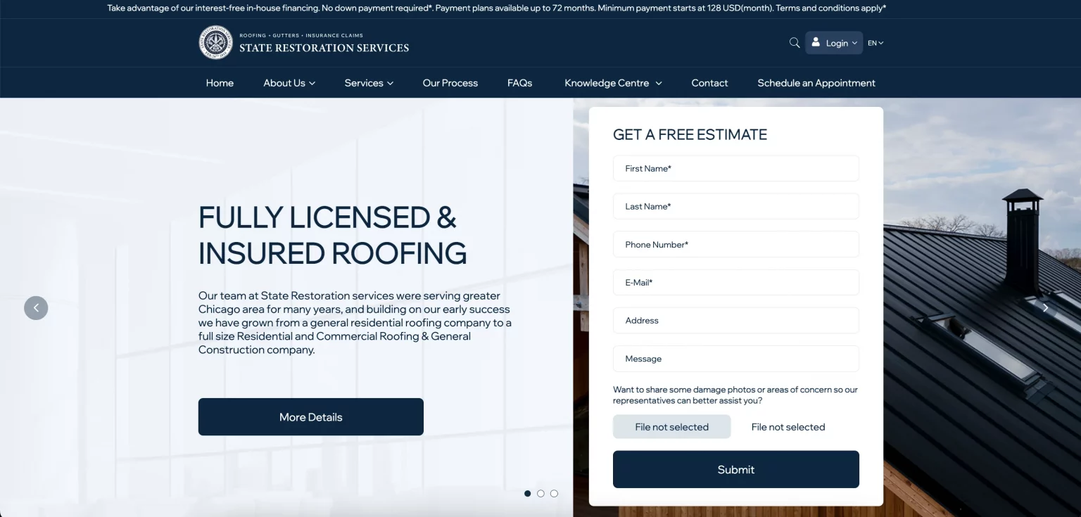 restoration company website design — inner page design showing services and conversion elements