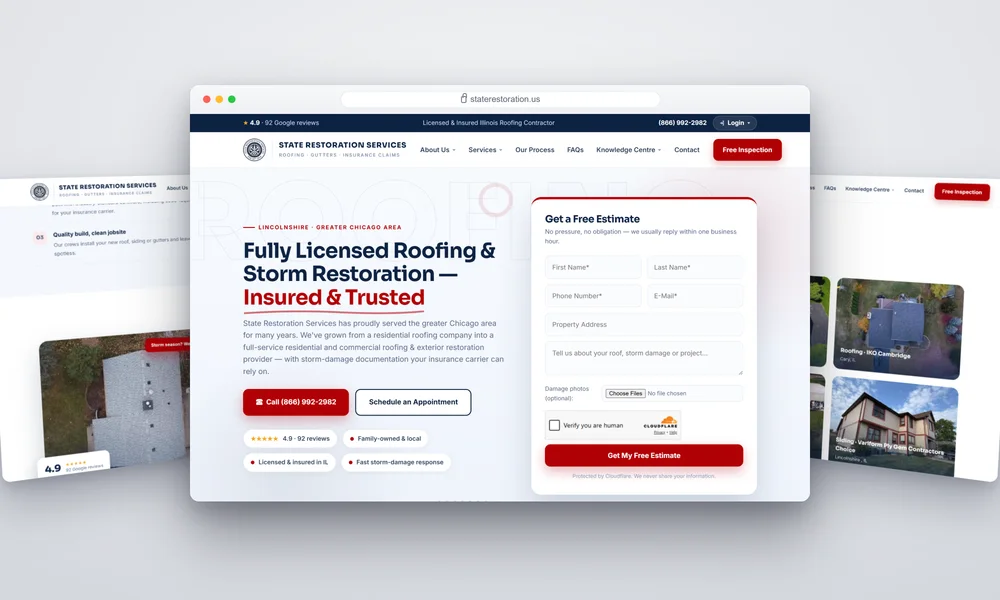 State Restoration Services website homepage showcasing roofing and restoration services