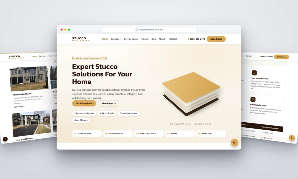 Stucco Wall Systems website homepage showcasing exterior renovation services