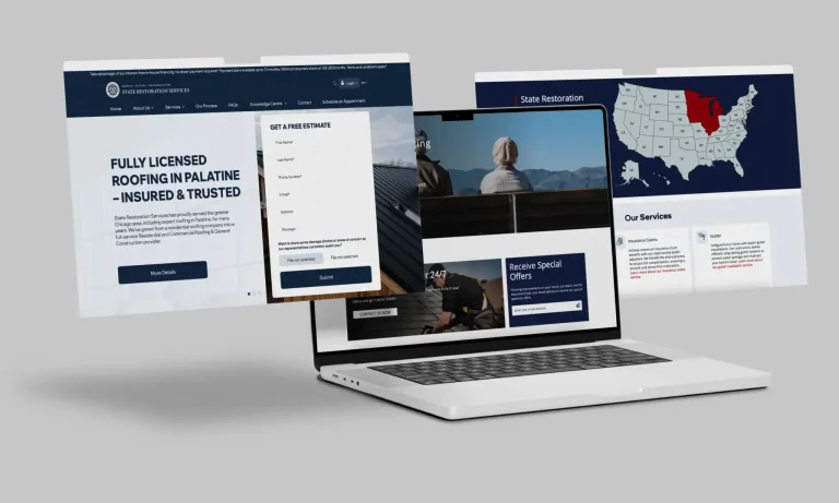 State Restoration Services website homepage showcasing roofing and restoration services