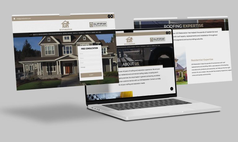 IGR Restoration website homepage showcasing roofing and restoration services