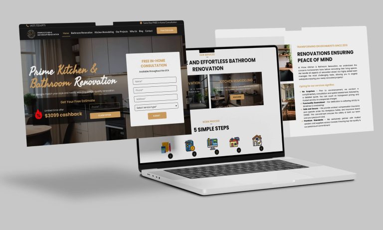 Prime Kitchen & Bathroom Renovation website homepage showcasing remodeling services