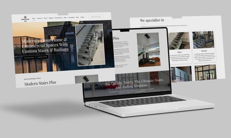 Modern Stairs Plus website homepage showcasing custom staircase designs