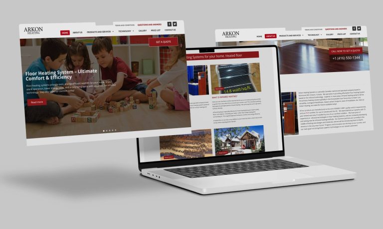 Arkon Heating website homepage featuring infrared heating and floor heating systems