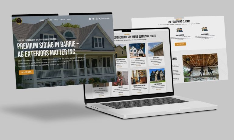 AG Exteriors Matter website homepage showcasing siding and exterior renovation services in Barrie