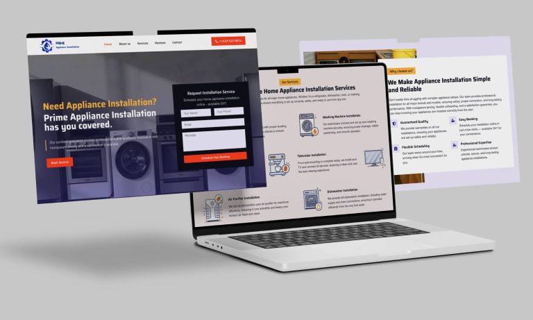 Prime Appliance Installation services page featuring refrigerator, dishwasher, oven and washing machine installation