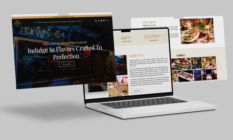 Premier Restaurant website homepage featuring fine dining, events, and menu options in Thornhill