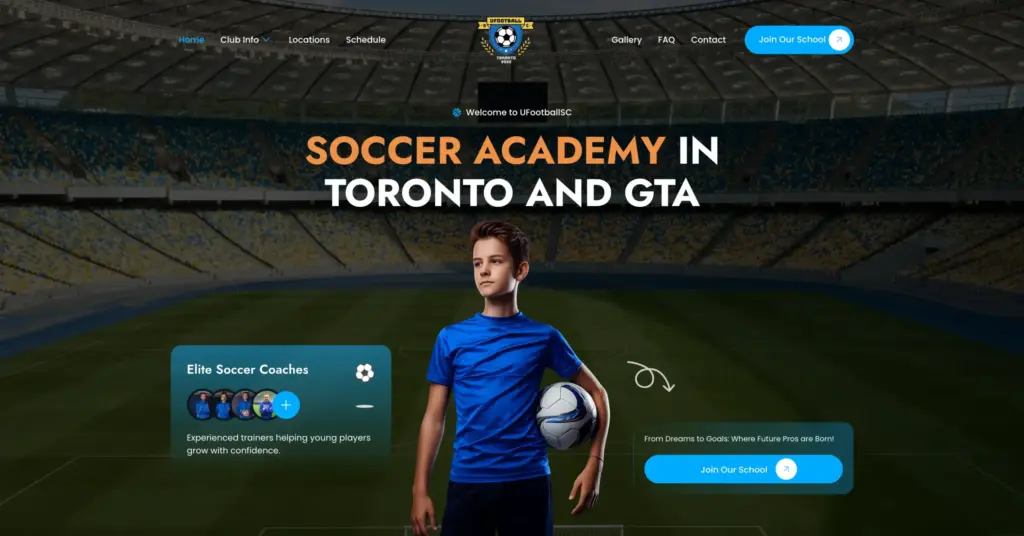 Soccer academy training schedule page for children in Toronto